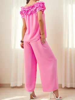 Best Damski komplet z bluzką hiszpanką z krótkim rękawem i ozdobnym dekoltem i poszerzanymi spodniami Damskie Komplety Damskie