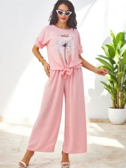 Discount Damski komplet casualowy z bluzką z krótkim rękawem i szerokimi spodniami Damskie Komplety Damskie