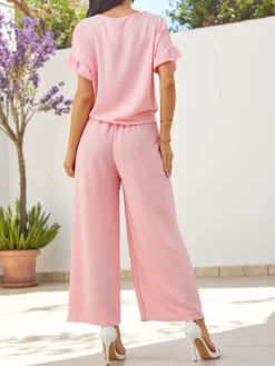 Discount Damski komplet casualowy z bluzką z krótkim rękawem i szerokimi spodniami Damskie Komplety Damskie