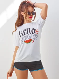 Clearance Damski komplet sportowy z t-shirtem i krótkimi spodenkami Hello Summer Damskie Komplety Damskie