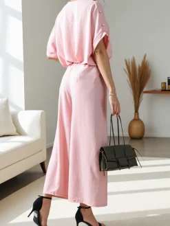 Sale Damski komplet casualowy z bluzką z krótkim rękawem i szerokimi spodniami Damskie Komplety Damskie