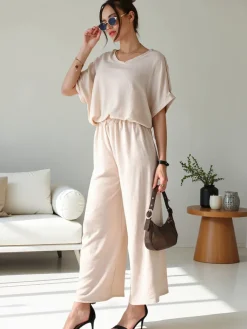 Best Damski komplet casualowy z bluzką z krótkim rękawem i szerokimi spodniami Damskie Komplety Damskie