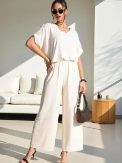 Best Damski komplet casualowy z bluzką z krótkim rękawem i szerokimi spodniami Damskie Komplety Damskie