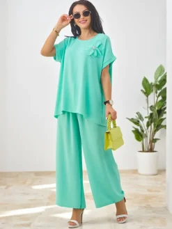 Best Damski komplet z krótkim rękawem, ozdobnym kwiatem i szerokimi spodniami Damskie Komplety Damskie