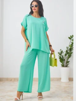 Best Damski komplet z krótkim rękawem, ozdobnym kwiatem i szerokimi spodniami Damskie Komplety Damskie