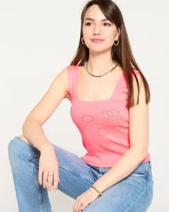 New Damski owy różowy top ze złotymi cyrkoniami Bluzki / Koszule / Koszulki