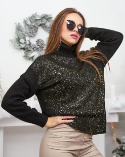 Clearance Damski sweter z golfem i złotymi drobinkami Swetry