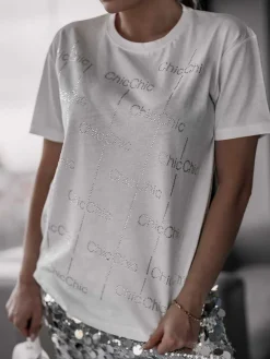 Outlet Damski t-shirt z cyrkoniami Bluzki / Koszule / Koszulki