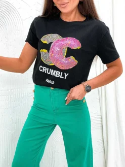 Clearance Damski t-shirt z nadrukiem i cyrkoniami Bluzki / Koszule / Koszulki