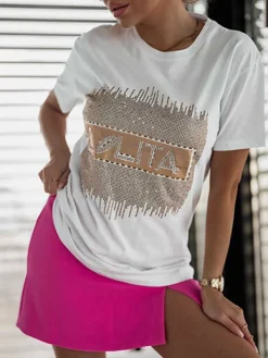 Online Damski t-shirt z cyrkoniami Bluzki / Koszule / Koszulki