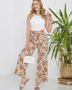 Sale Damskie białe spodnie typu palazzo w pomarańczowe kwiaty Spodnie Materiałowe