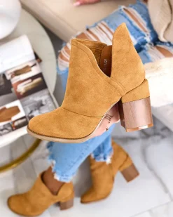 Damskie botki na słupku w kolorze camel Rictisa Botki Z Delikatnym Ociepleniem|Botki Na Słupku