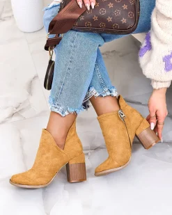 Damskie botki na słupku w kolorze camel Rictisa Botki Z Delikatnym Ociepleniem|Botki Na Słupku