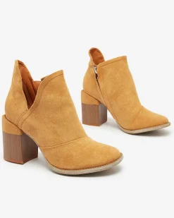 Damskie botki na słupku w kolorze camel Rictisa Botki Z Delikatnym Ociepleniem|Botki Na Słupku
