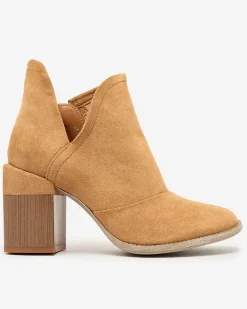 Damskie botki na słupku w kolorze camel Rictisa Botki Z Delikatnym Ociepleniem|Botki Na Słupku