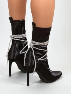 Sale Damskie botki na szpilce z paseczkami z cyrkonii Glamese Szpilki|Botki Bez Ocieplenia