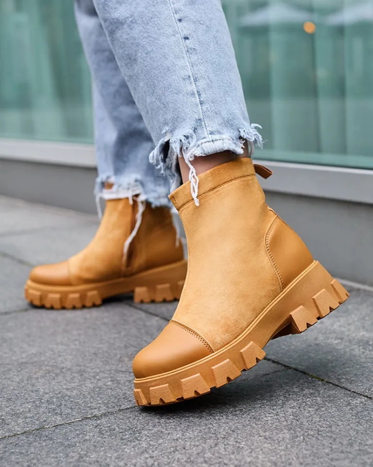 Best Damskie botki na płaskim obcasie w camelowym kolorze Leffoi Botki Bez Ocieplenia|Botki Na Płaskim Obcasie