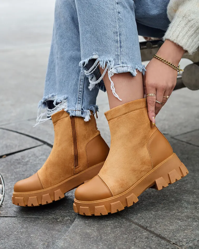 Best Damskie botki na płaskim obcasie w camelowym kolorze Leffoi Botki Bez Ocieplenia|Botki Na Płaskim Obcasie