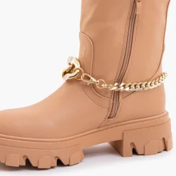 Outlet Damskie brązowe kozaki z łańcuszkiem Sudzi Kozaki Na Płaskim Obcasie|Kozaki Z Ociepleniem