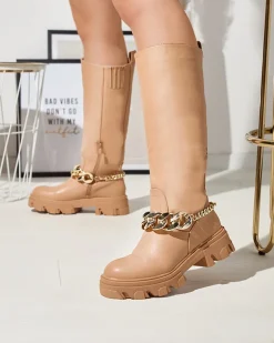 Outlet Damskie brązowe kozaki z łańcuszkiem Sudzi Kozaki Na Płaskim Obcasie|Kozaki Z Ociepleniem