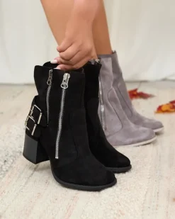 Hot Damskie czarne botki ze zdobieniem Feirrgo Botki Bez Ocieplenia|Botki Na Słupku