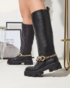 Best Damskie czarne kozaki z łańcuszkiem Sudzi Kozaki Na Płaskim Obcasie|Kozaki Z Ociepleniem