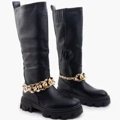Best Damskie czarne kozaki z łańcuszkiem Sudzi Kozaki Na Płaskim Obcasie|Kozaki Z Ociepleniem