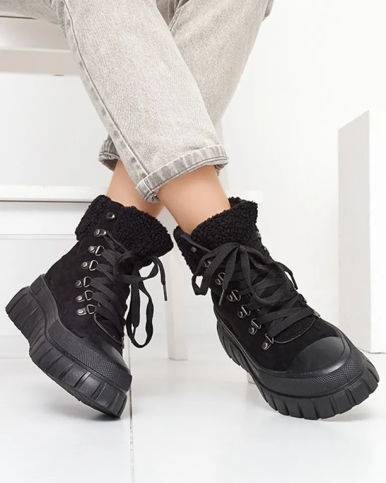 New Damskie czarne eko-zamszowe botki z kożuszkiem Vetic Botki Bez Ocieplenia|Botki Na Platformie