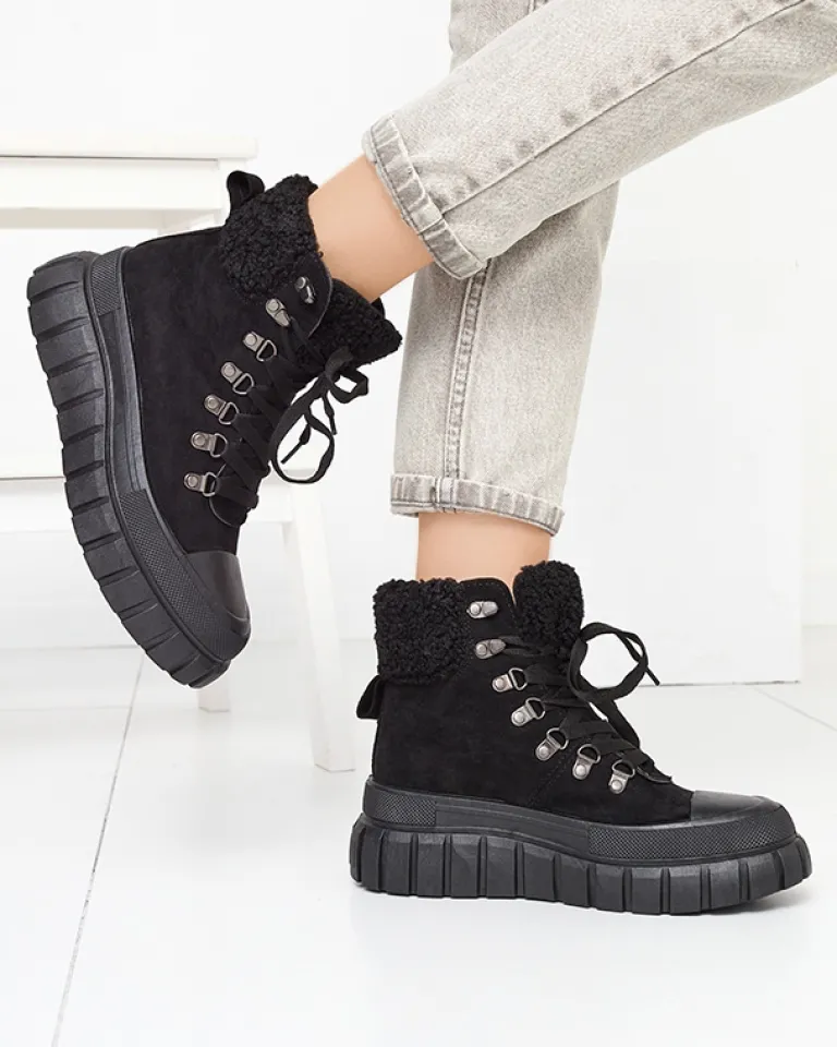 New Damskie czarne eko-zamszowe botki z kożuszkiem Vetic Botki Bez Ocieplenia|Botki Na Platformie