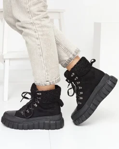 New Damskie czarne eko-zamszowe botki z kożuszkiem Vetic Botki Bez Ocieplenia|Botki Na Platformie