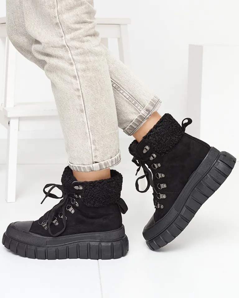 New Damskie czarne eko-zamszowe botki z kożuszkiem Vetic Botki Bez Ocieplenia|Botki Na Platformie