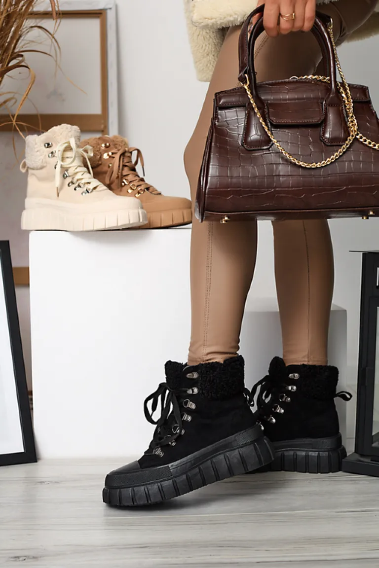 New Damskie czarne eko-zamszowe botki z kożuszkiem Vetic Botki Bez Ocieplenia|Botki Na Platformie