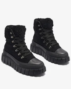 New Damskie czarne eko-zamszowe botki z kożuszkiem Vetic Botki Bez Ocieplenia|Botki Na Platformie