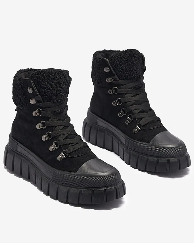 New Damskie czarne eko-zamszowe botki z kożuszkiem Vetic Botki Bez Ocieplenia|Botki Na Platformie