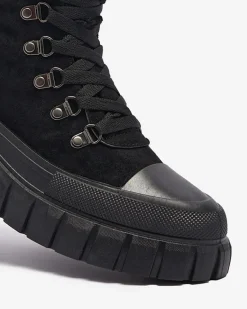 New Damskie czarne eko-zamszowe botki z kożuszkiem Vetic Botki Bez Ocieplenia|Botki Na Platformie