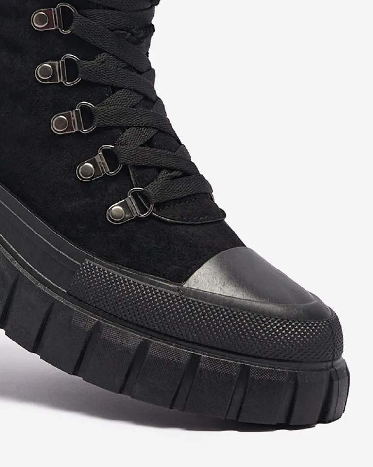 New Damskie czarne eko-zamszowe botki z kożuszkiem Vetic Botki Bez Ocieplenia|Botki Na Platformie