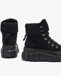 New Damskie czarne eko-zamszowe botki z kożuszkiem Vetic Botki Bez Ocieplenia|Botki Na Platformie