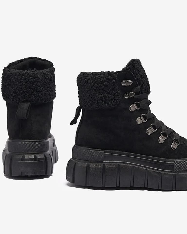 New Damskie czarne eko-zamszowe botki z kożuszkiem Vetic Botki Bez Ocieplenia|Botki Na Platformie