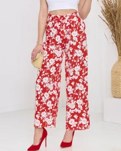 Best Damskie czerwone kwiatowe spodnie typu palazzo Spodnie Materiałowe