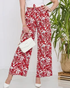 Clearance Damskie czerwone spodnie typu palazzo z białymi kwiatami Spodnie Materiałowe