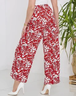 Clearance Damskie czerwone spodnie typu palazzo z białymi kwiatami Spodnie Materiałowe