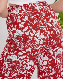 Clearance Damskie czerwone spodnie typu palazzo z białymi kwiatami Spodnie Materiałowe