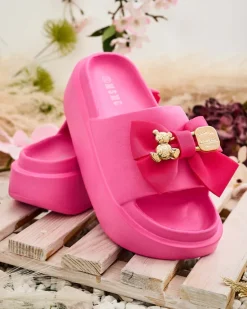 Best Damskie gumowe klapki z ozdobną kokardką Apis Klapki Płaskie