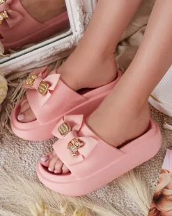 Best Damskie gumowe klapki z ozdobną kokardką Apis Klapki Płaskie