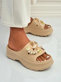 Best Damskie gumowe klapki z ozdobami Slash Glam Klapki Płaskie