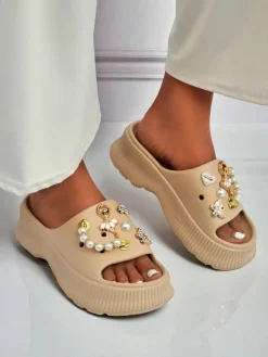 Best Damskie gumowe klapki z ozdobami Slash Glam Klapki Płaskie