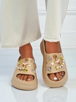 Best Damskie gumowe klapki z ozdobami Slash Glam Klapki Płaskie