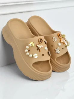 Best Damskie gumowe klapki z ozdobami Slash Glam Klapki Płaskie