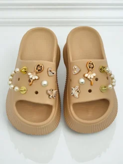 Best Damskie gumowe klapki z ozdobami Slash Glam Klapki Płaskie