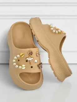 Best Damskie gumowe klapki z ozdobami Slash Glam Klapki Płaskie